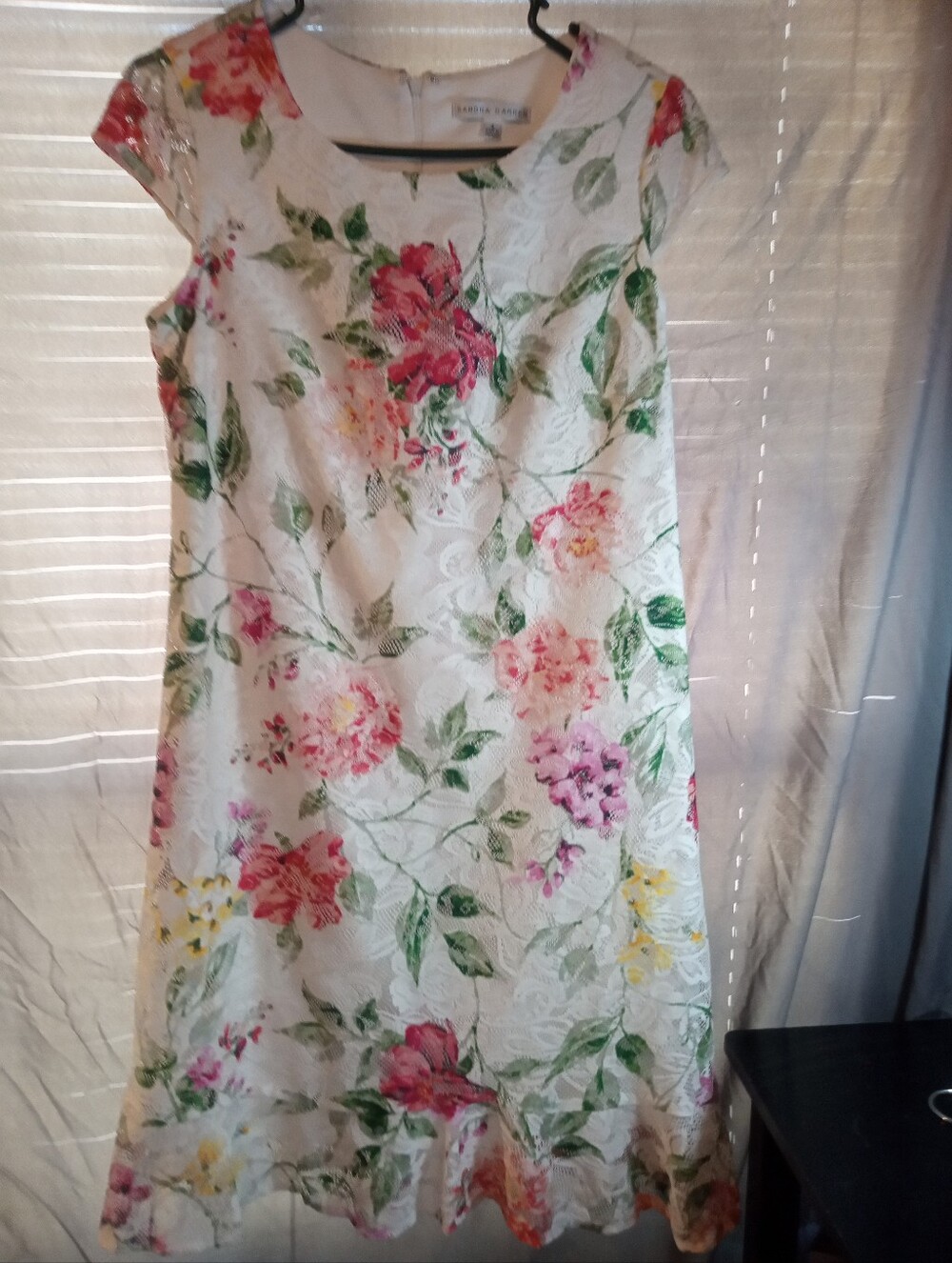 Sandra Darren White Floral Lace Dress with Pink, Green & Yellow